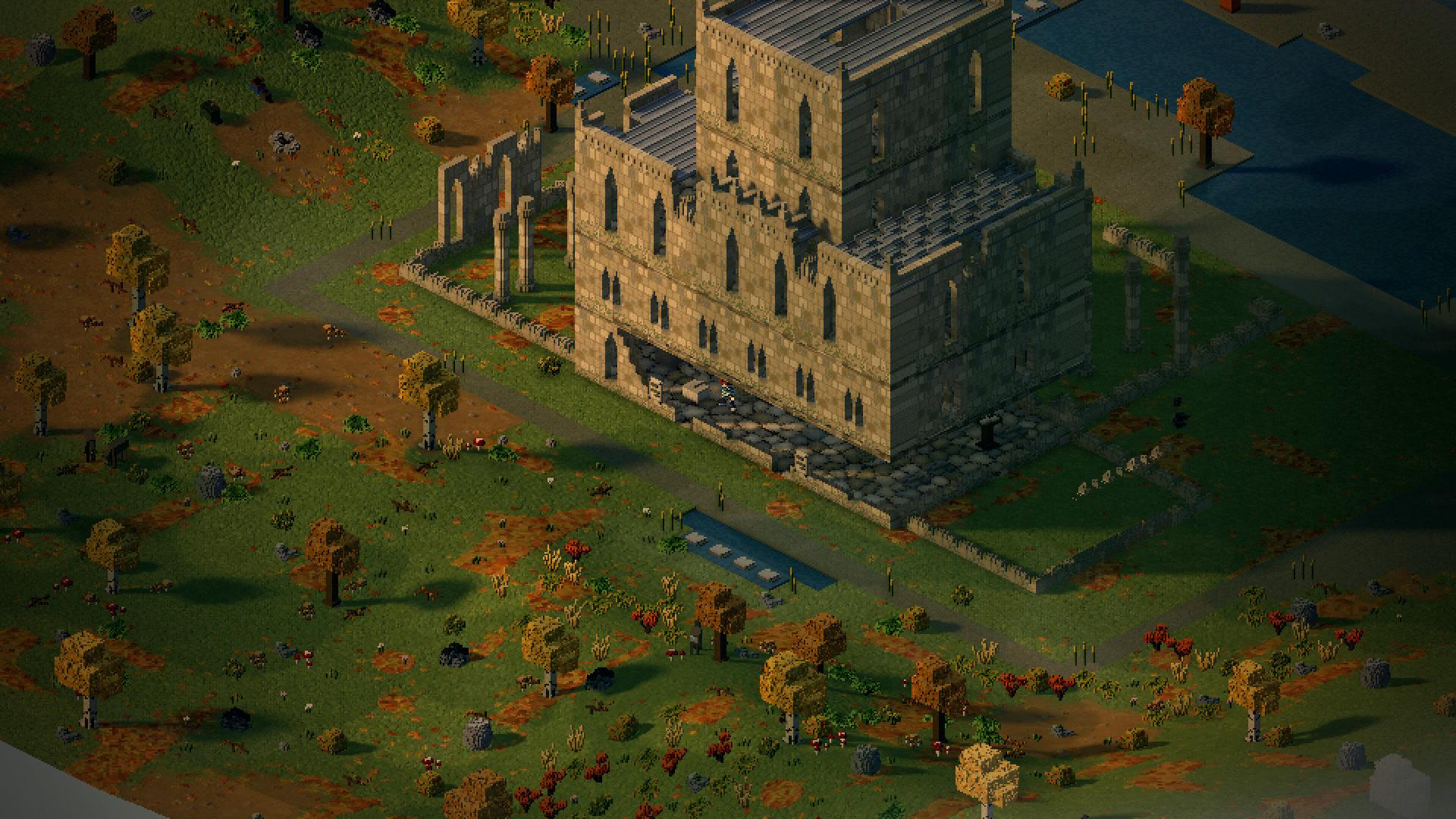 The ruined abbey from high above in 3D: pale stone storeys, a lead roof, the tower rising through the middle and the cloister columns round it