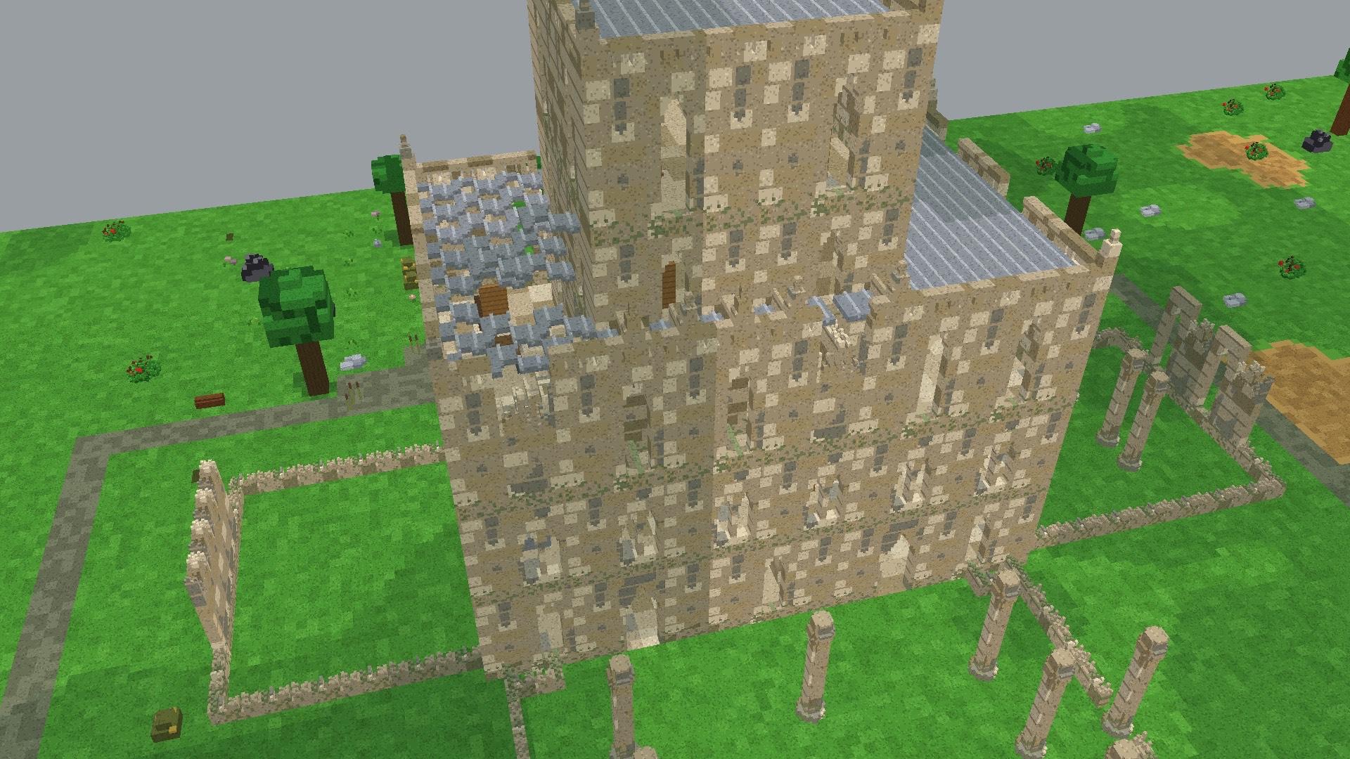 The ruined abbey in 3D: pale stone walls three storeys high, lancet windows and a tower rising through the middle