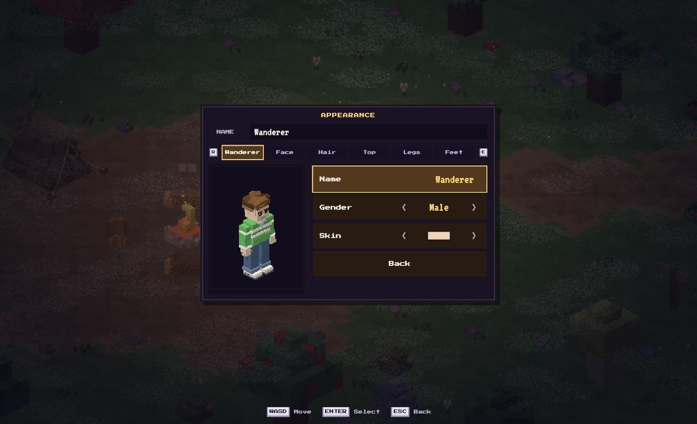 The appearance screen: tabs for Wanderer, Face, Hair, Top, Legs and Feet beside a preview of the wanderer in a green rugby shirt and jeans