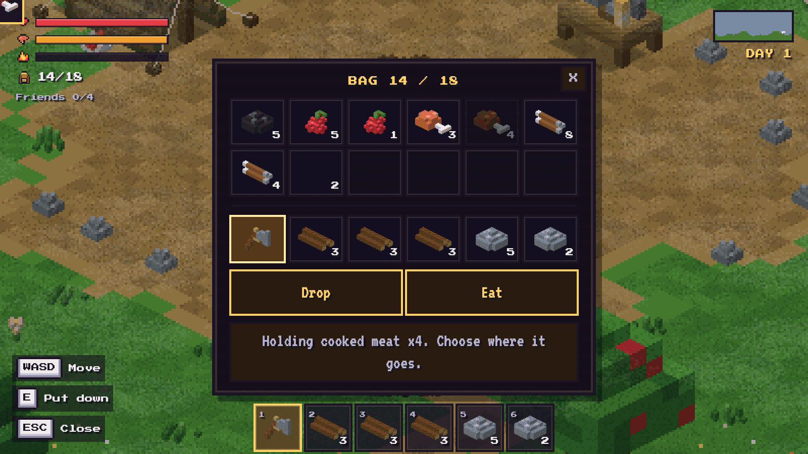 The bag open with a full backpack grid, a stack of cooked meat held, and Drop and Eat zones lit beneath the bar