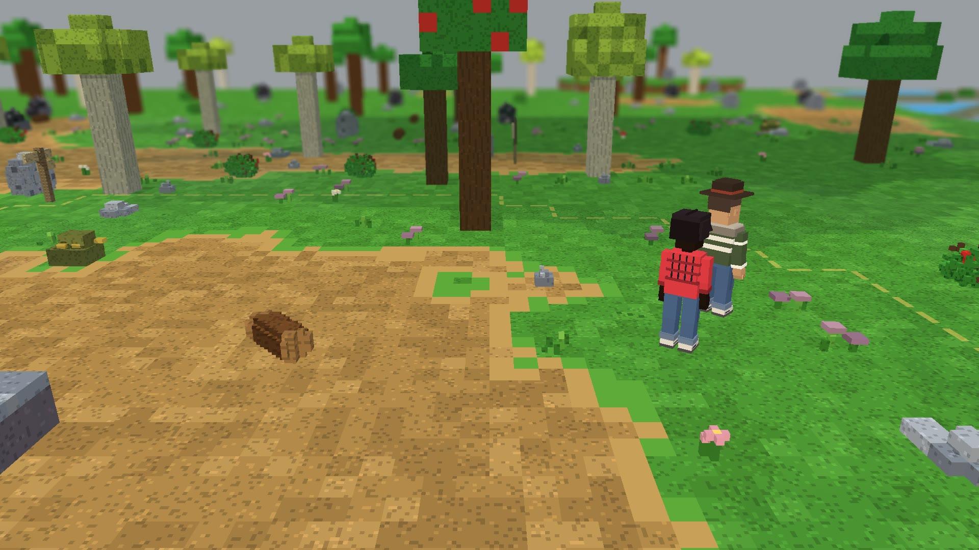 A wanderer in a red top meeting the pelt trader at the edge of camp, in 3D