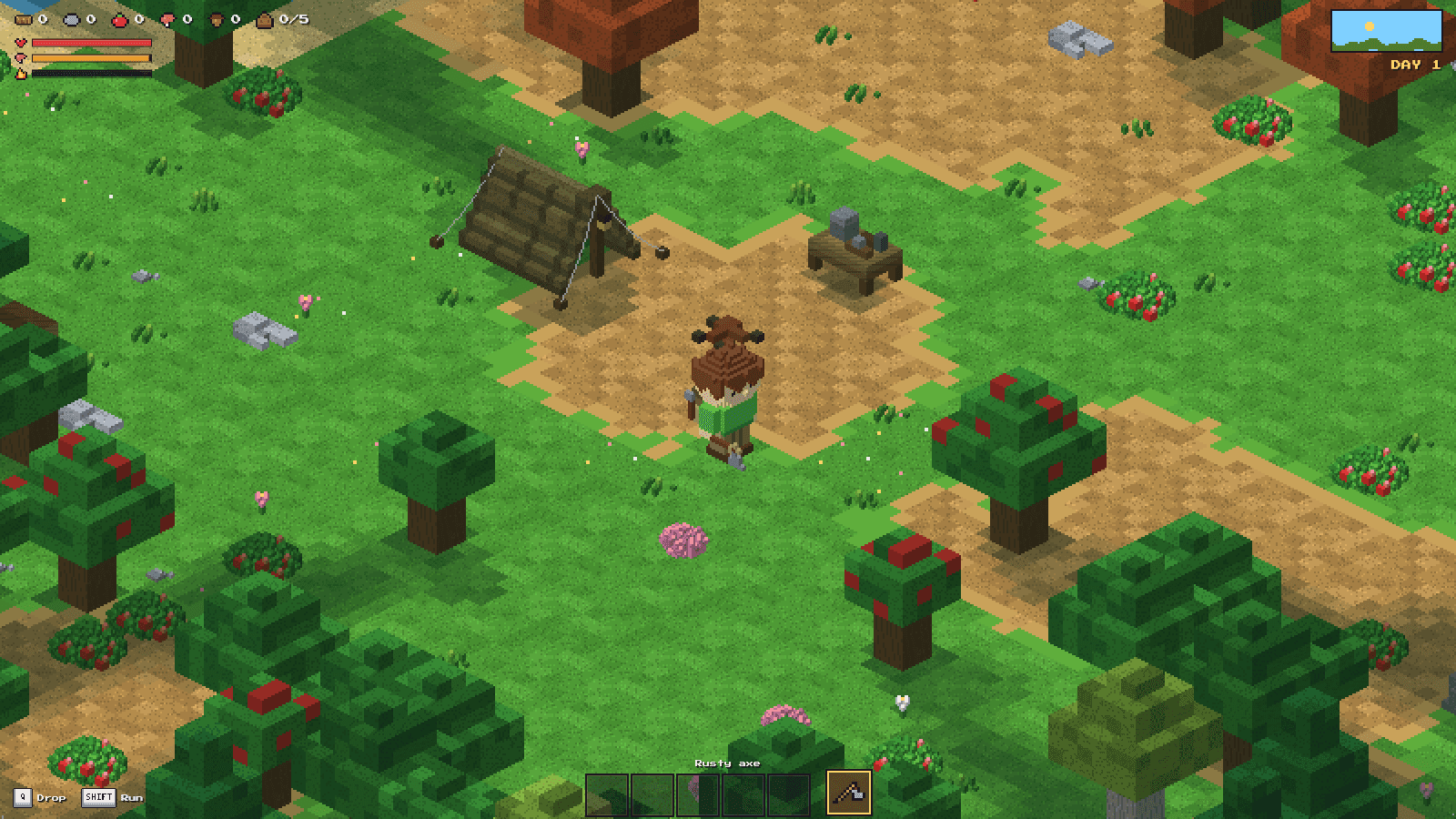 A fresh camp on day one: a log tent and workbench in a sunny voxel clearing