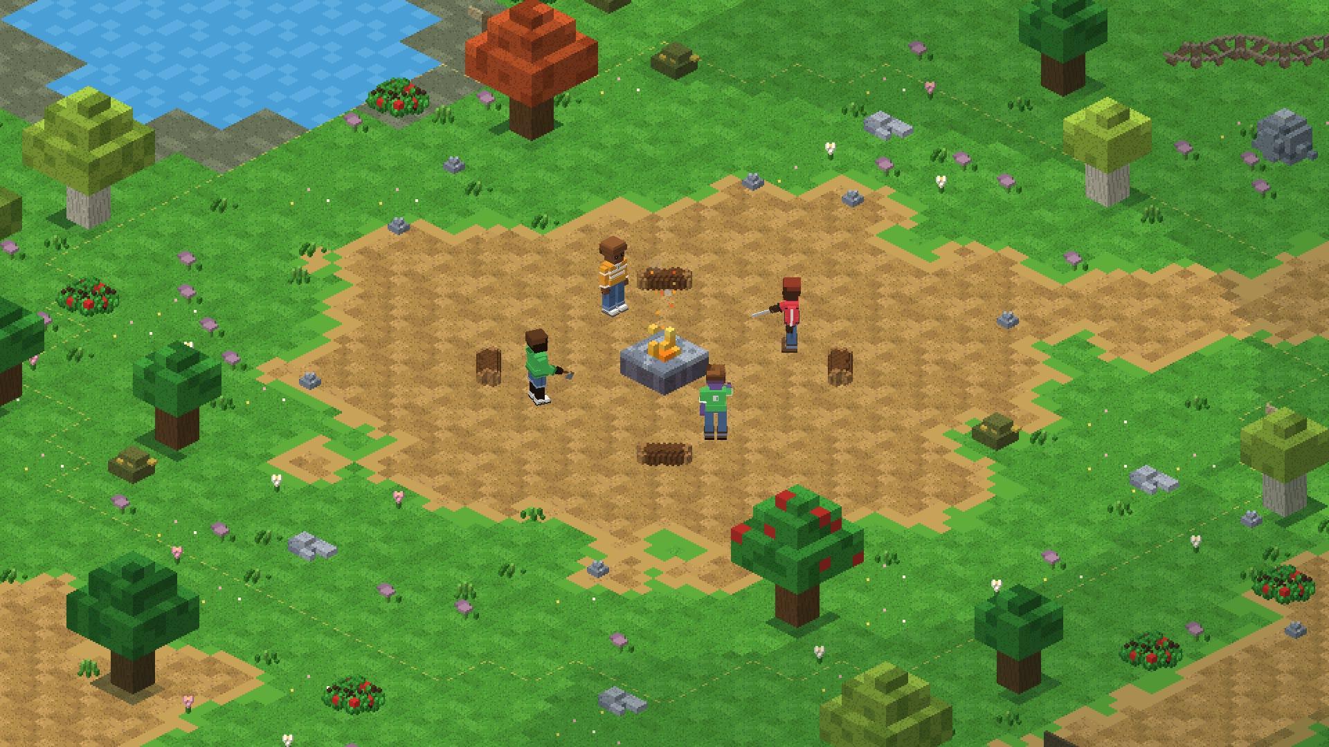 The camp by day in isometric view: a fire pit ringed with log seats and four wanderers in the clearing