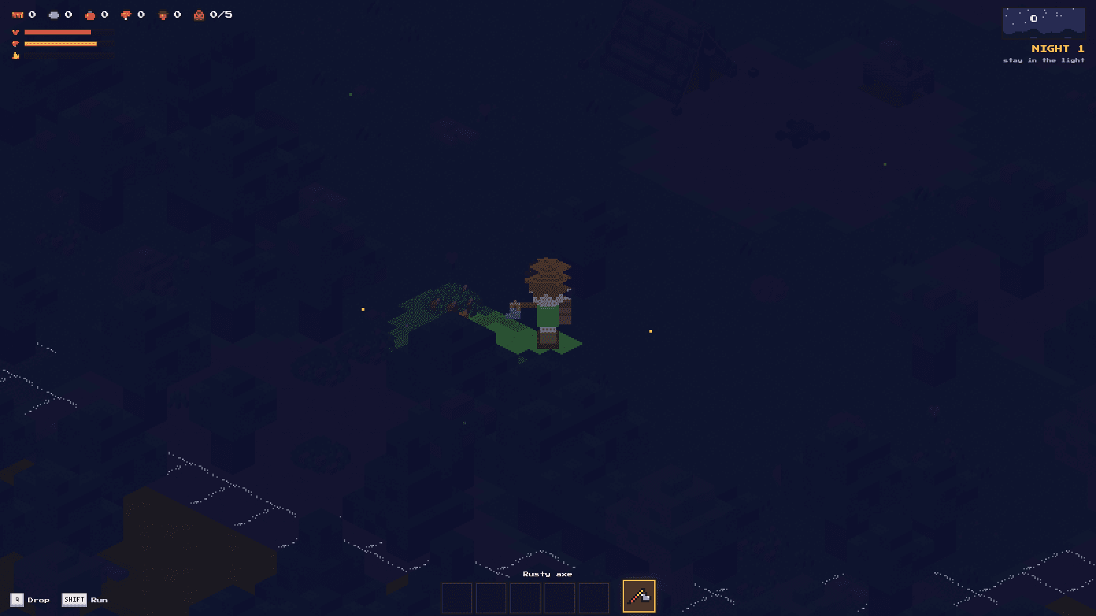 The player alone in near-total darkness holding an axe