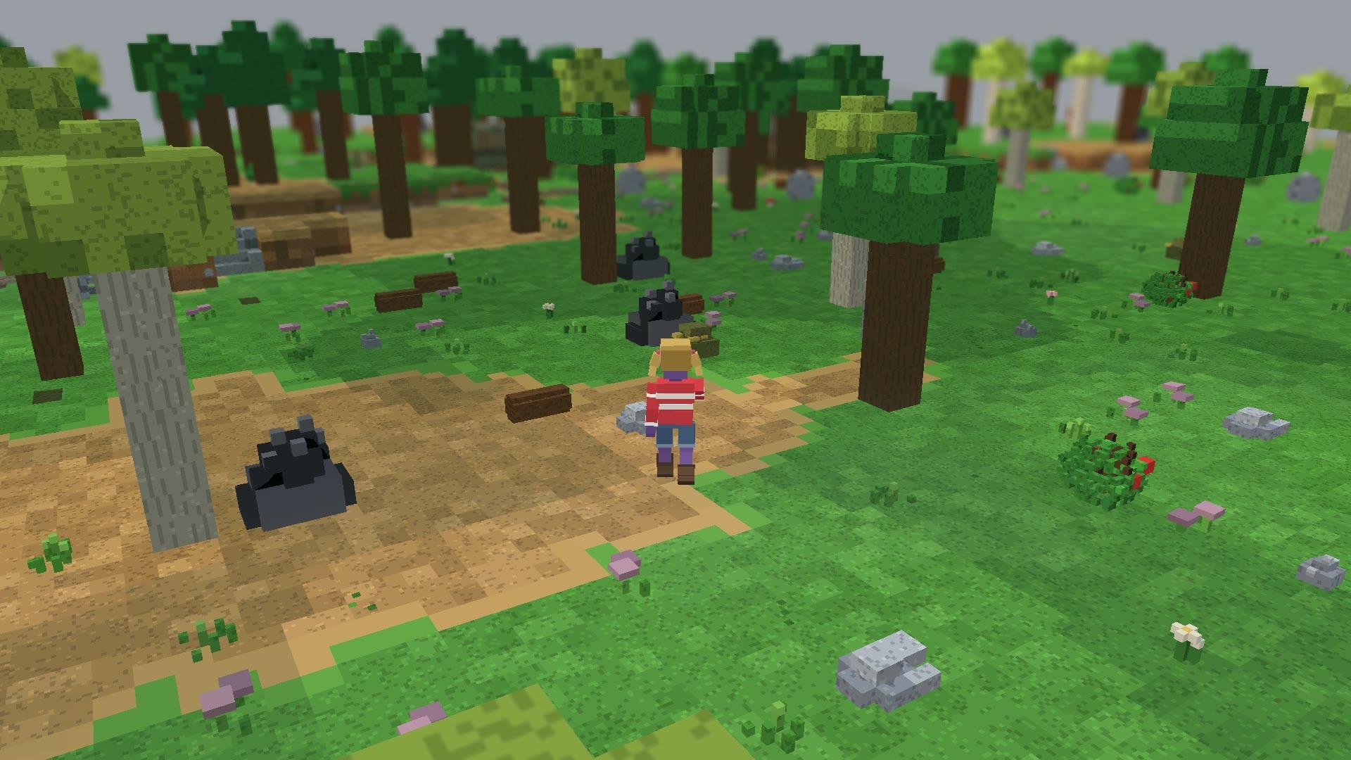 A wanderer on the trail between tall trunks and canopies, in 3D