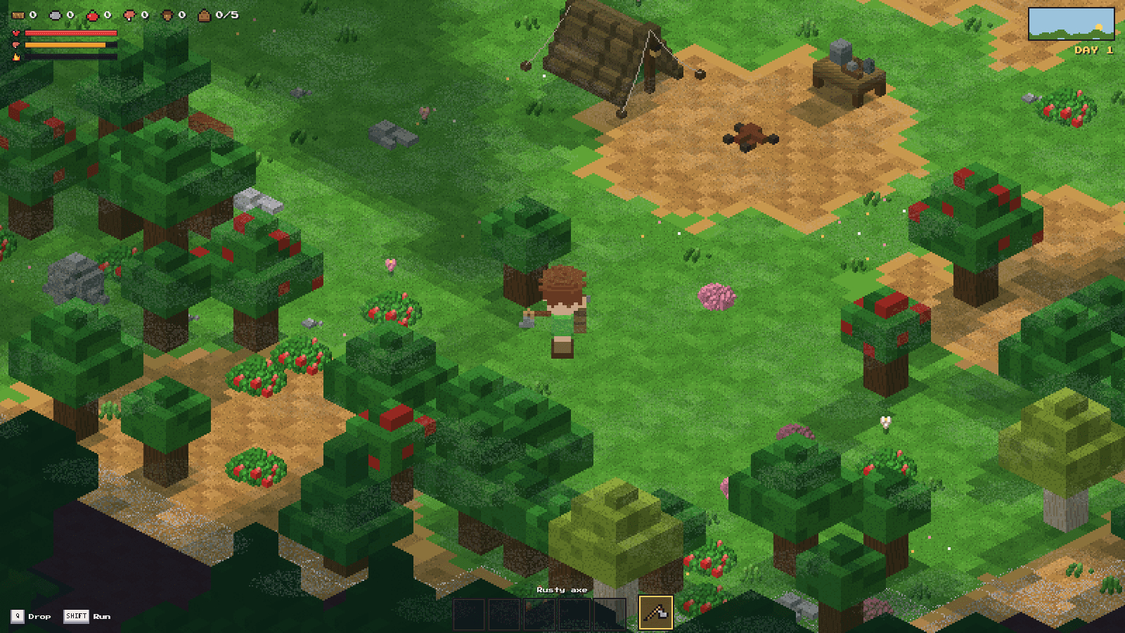 The player standing at the edge of a dense voxel forest near camp