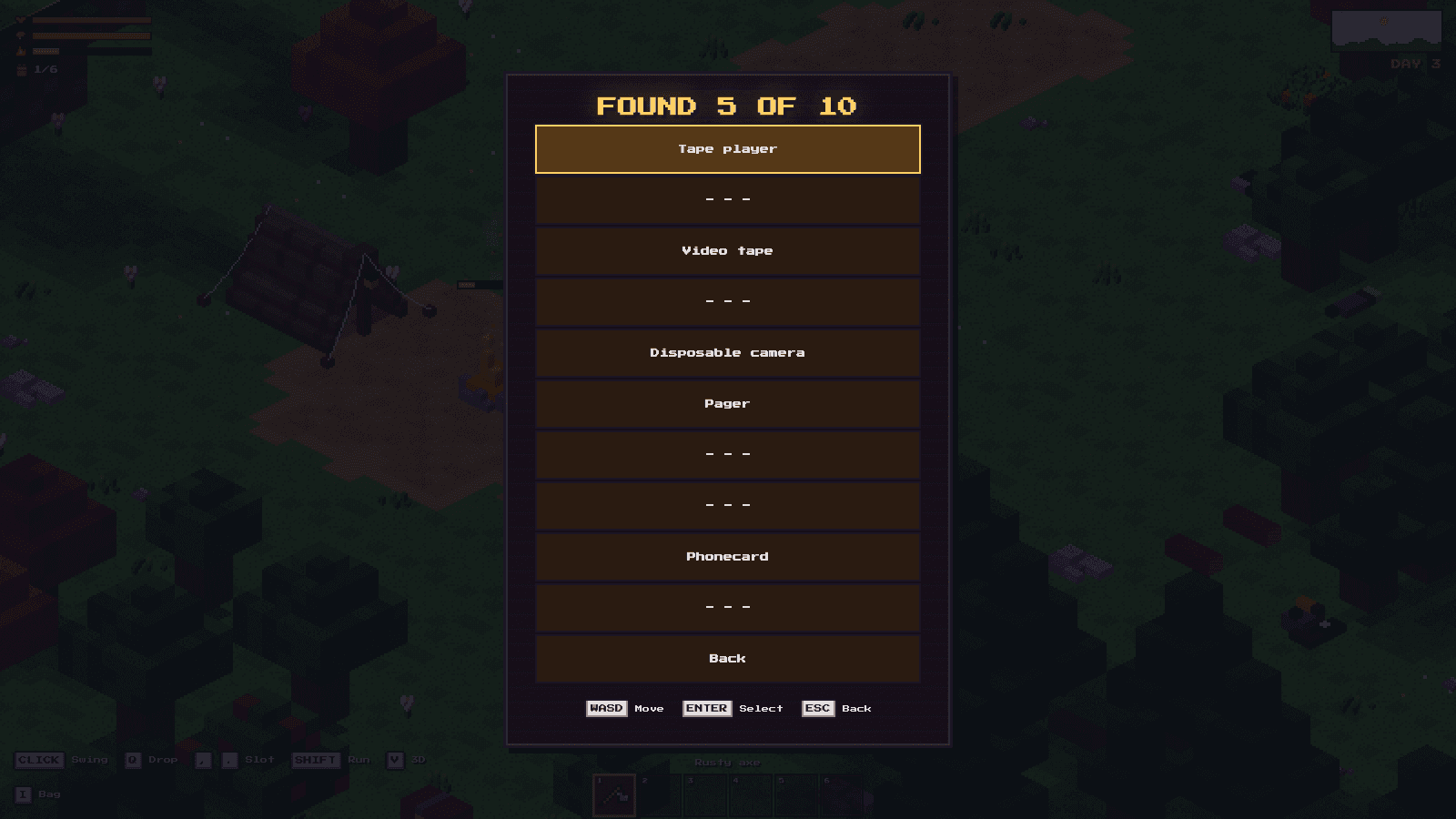 The Found page in the pause menu listing five of ten finds by name, the rest blank