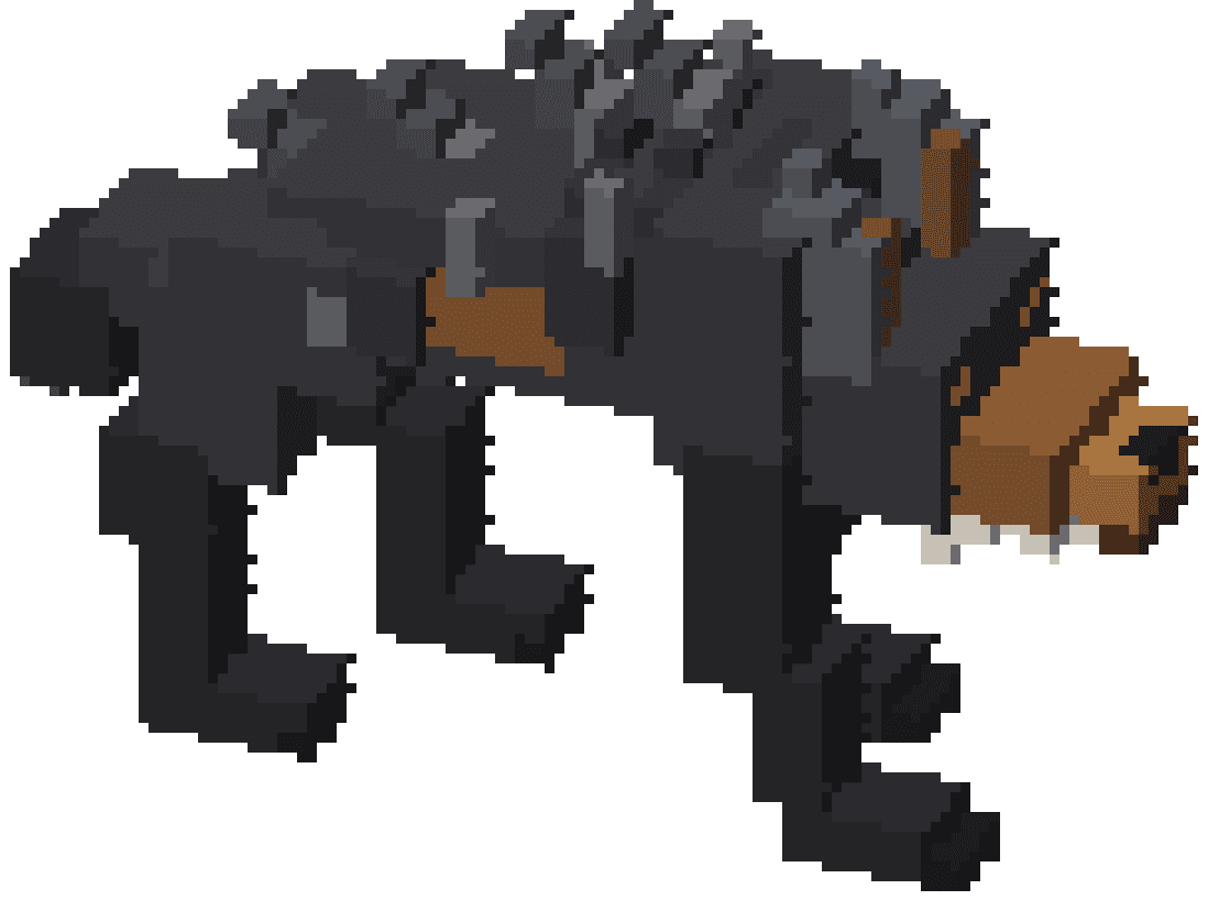 A gravelhide: a hunched black and tan wolf with long forelimbs reaching the ground, a tan muzzle, amber eyes and a crest of grey basalt slabs along its spine