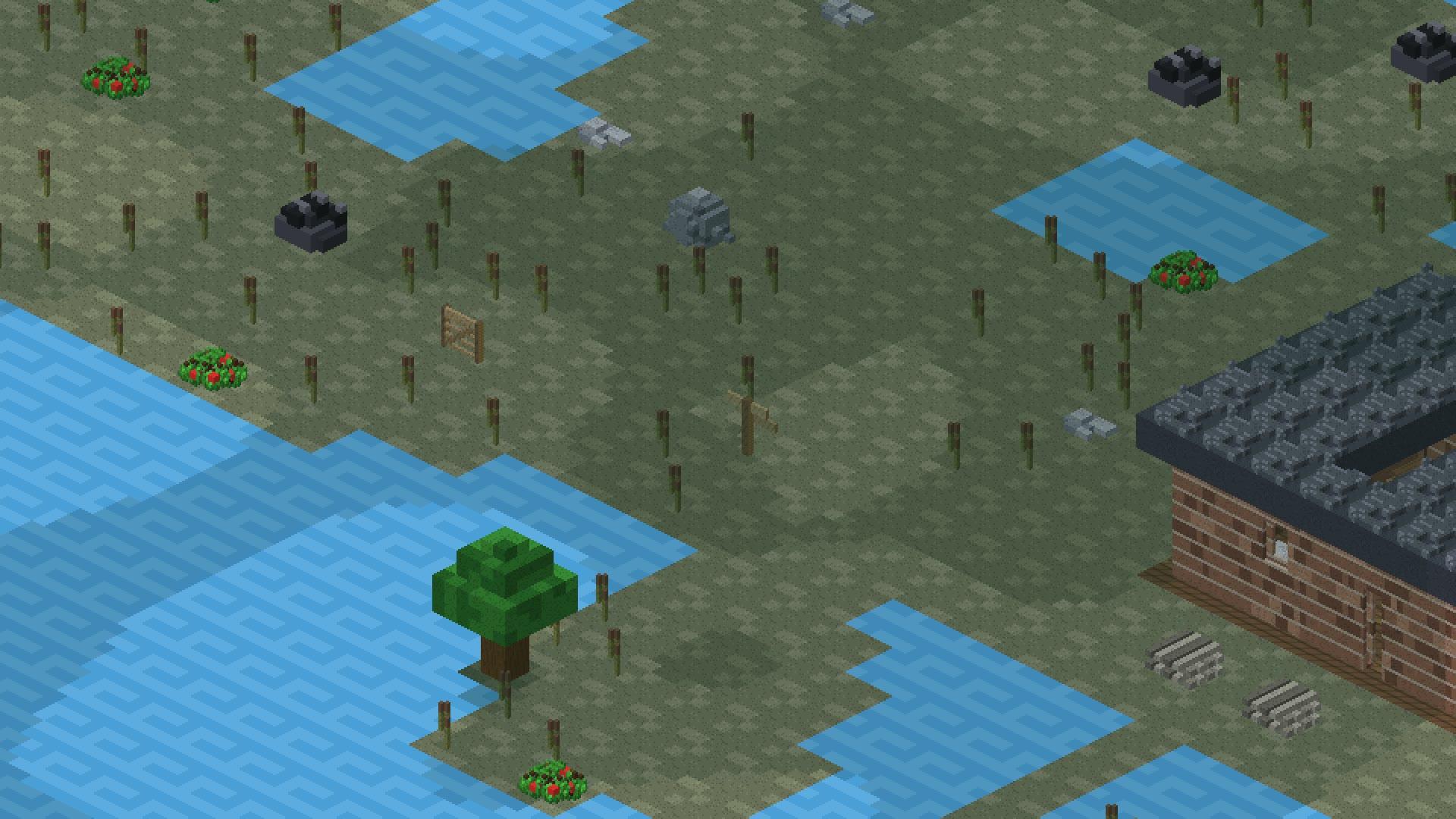 Marsh pools and reeds in isometric view, a brick building at the water's edge