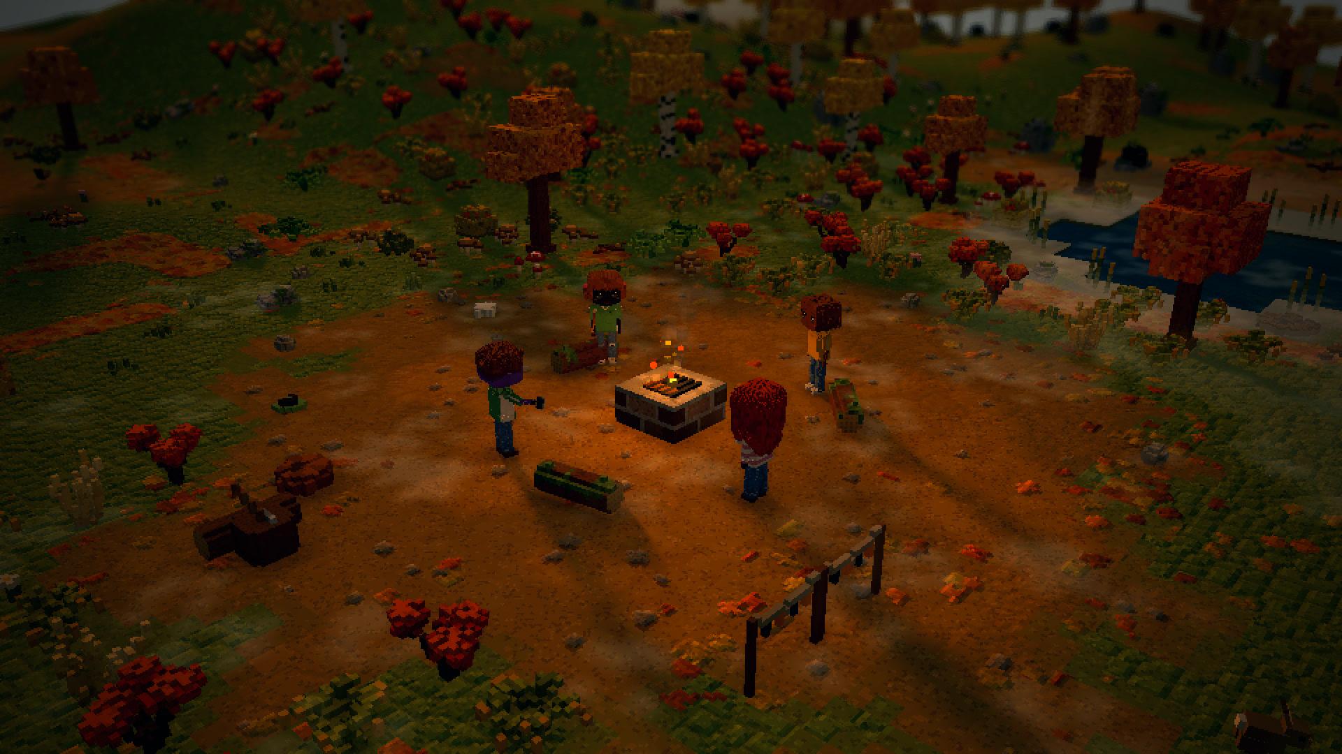 The camp in 3D as the light goes, wanderers round the fire and their shadows stretching long across the clearing
