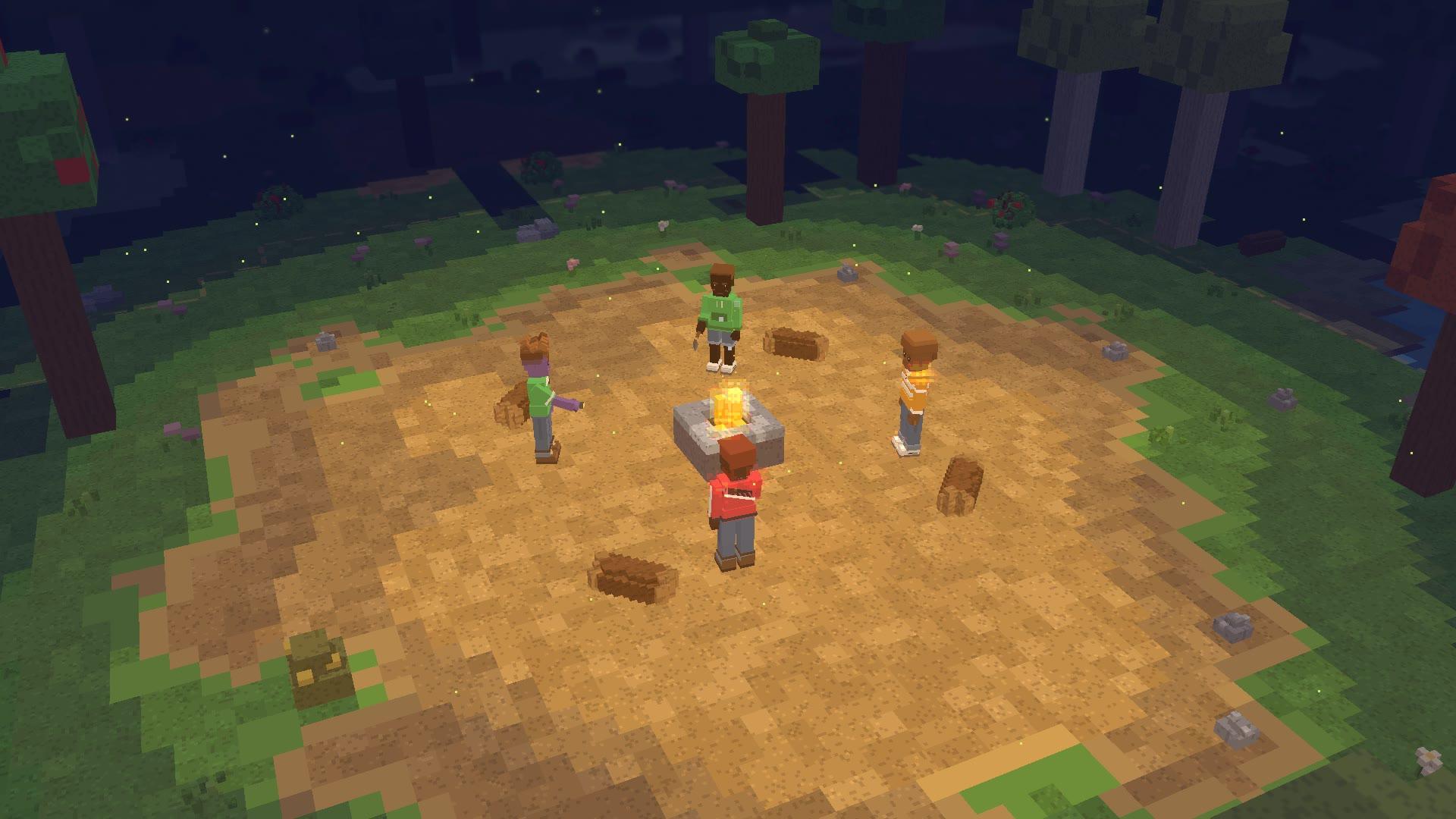 Night by the fire in 3D: four wanderers in a pool of light, dark forest all around