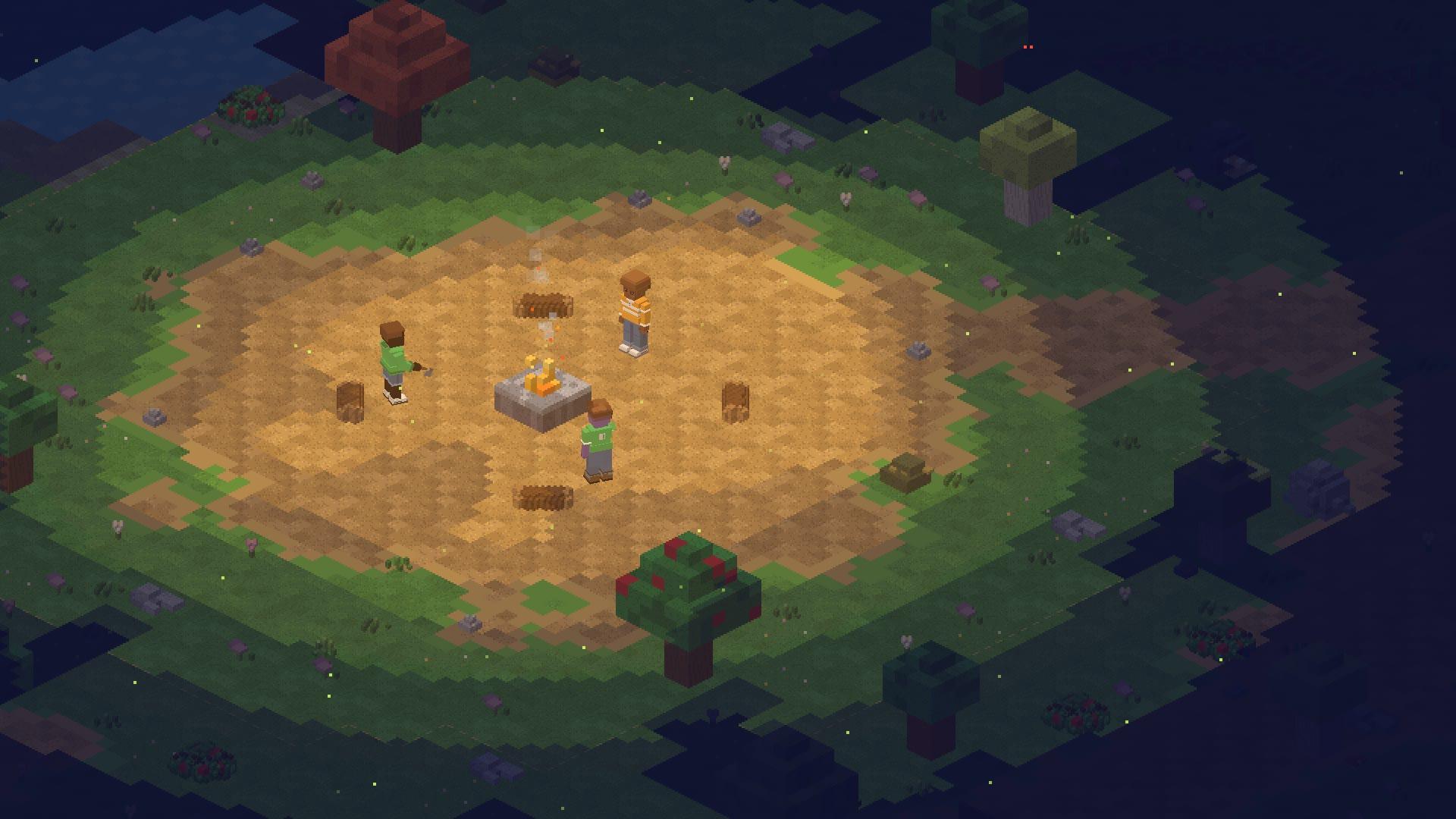 The camp at night in isometric view, a small island of firelight ringed by darkness