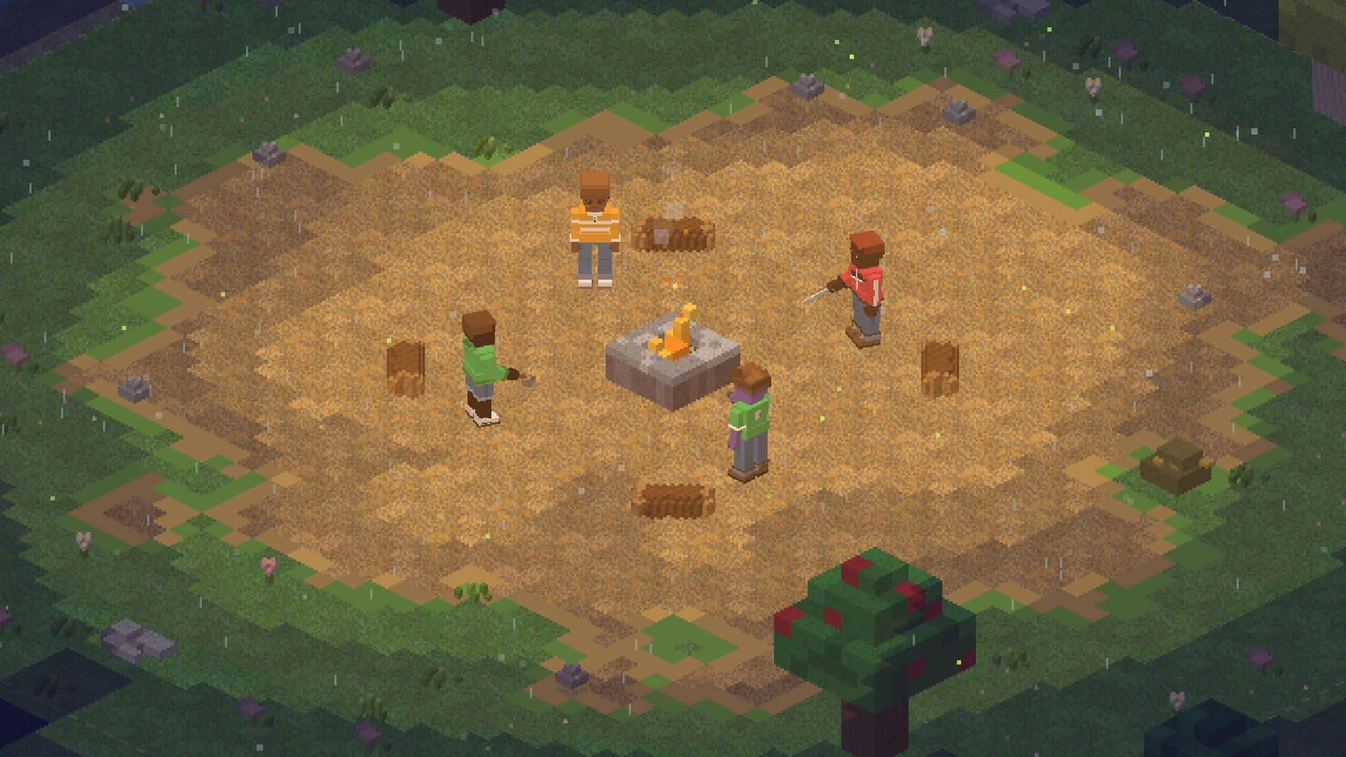 Four wanderers round the fire in the rain as the light goes, in isometric view
