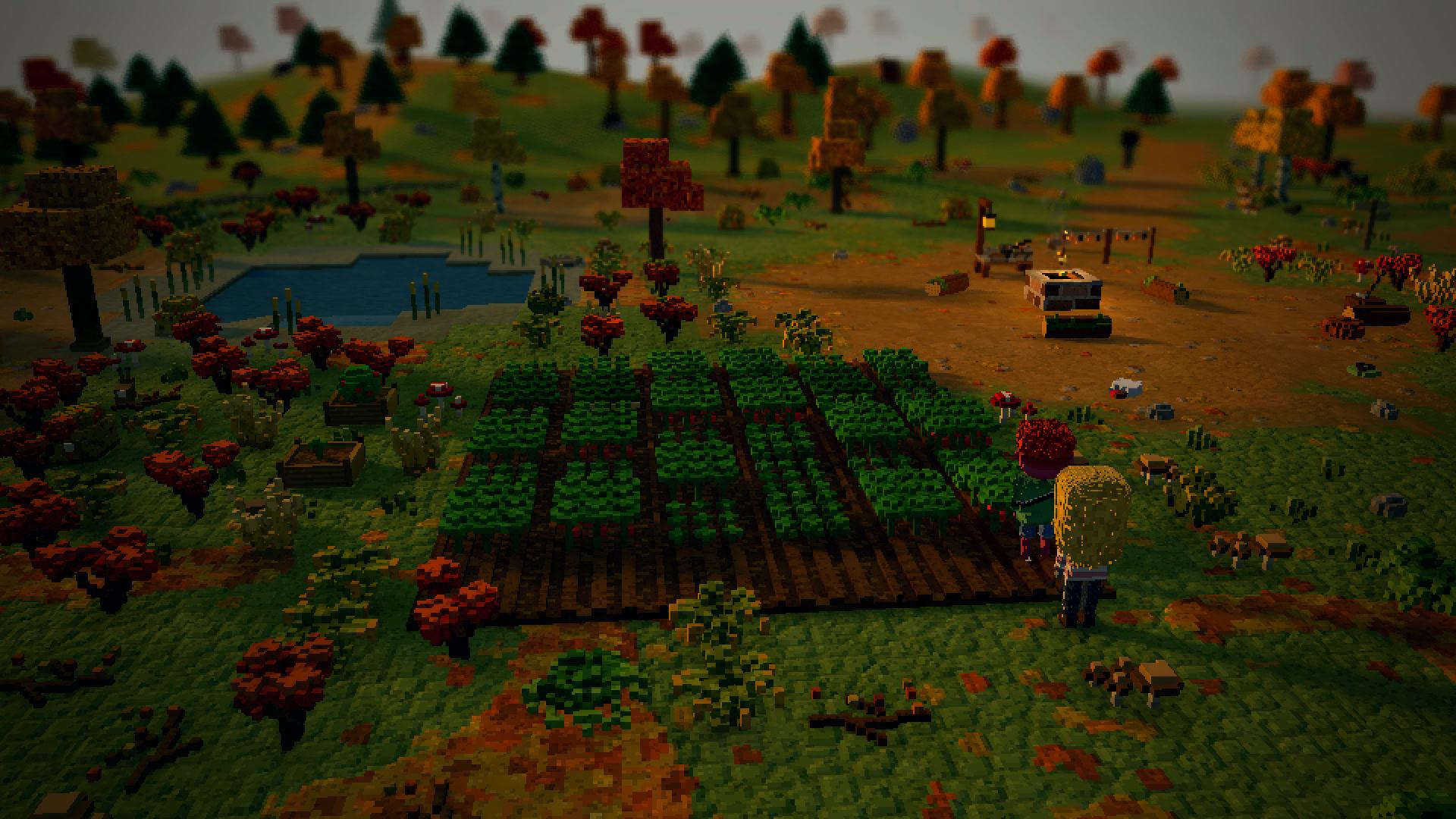 Rows of carrots, potatoes and tomatoes in tilled soil near camp, one wanderer hoeing a new row
