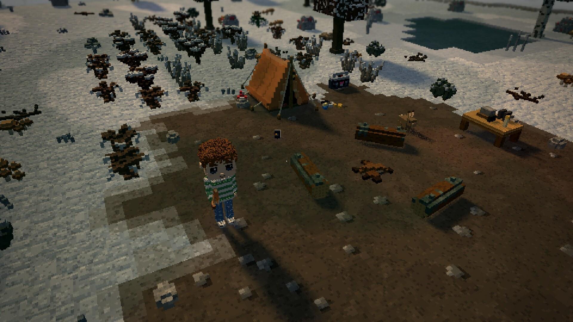 The camp in 3D under snow, the trodden paths dark through it and the trees bare