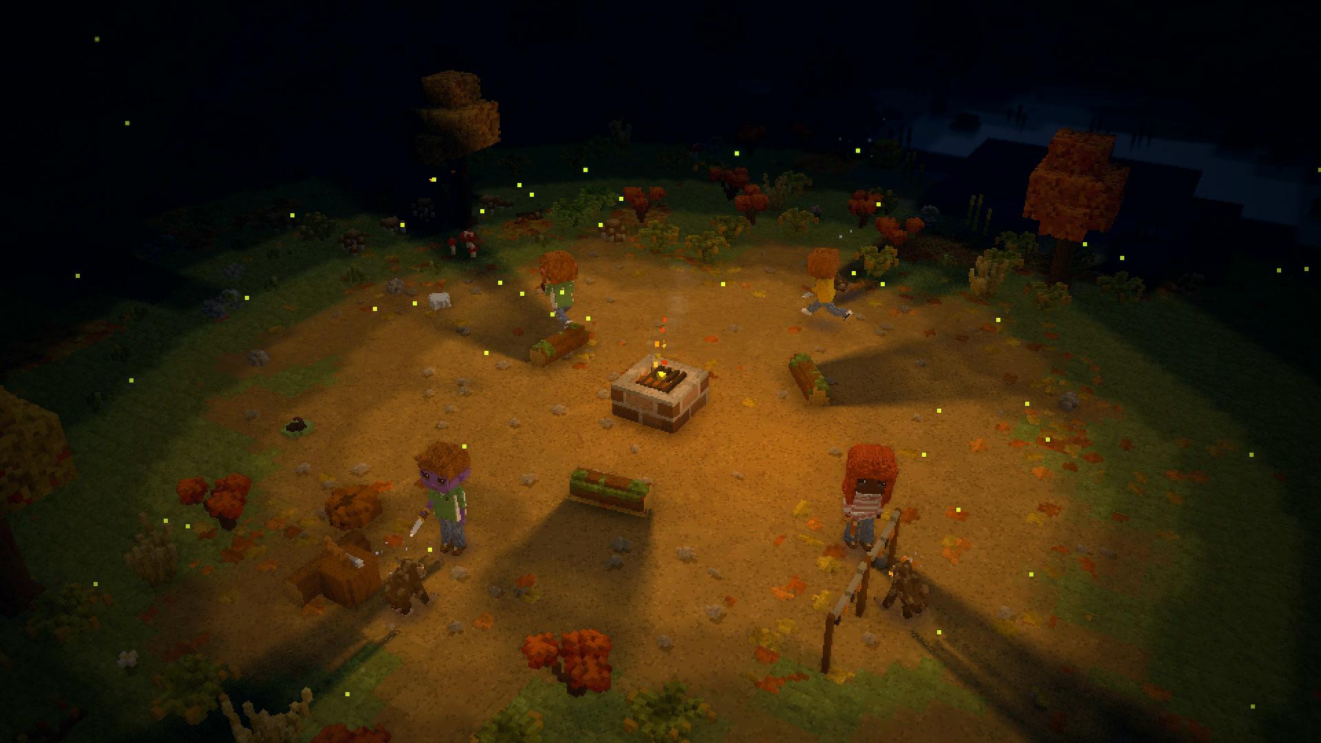Night in 3D: wanderers running out from the campfire to fight boggarts coming out of the dark forest