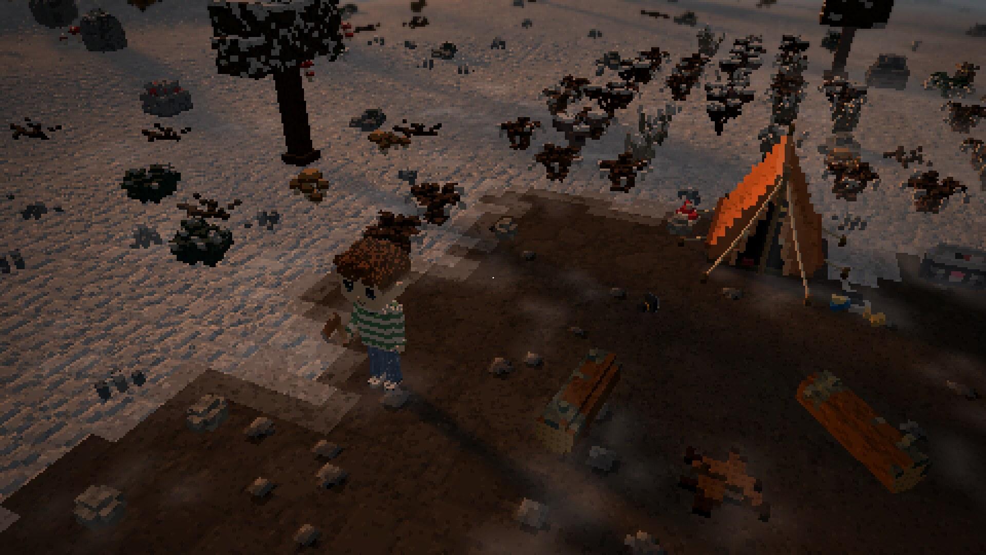 The camp in 3D at dusk under snow, the fire the warm thing in a blue-grey field