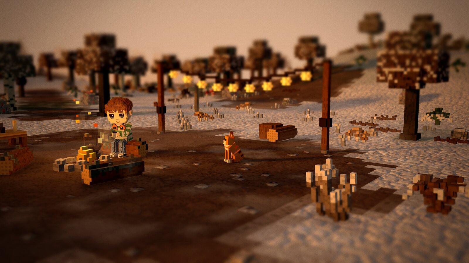 A wanderer on a log by the fire on a snowy morning, headphones round their neck and tea in hand, the ginger cat sat in the low sun and the bulbs still lit behind