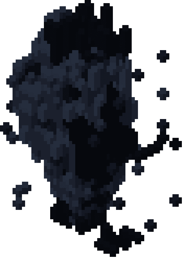 The Hollow: a towering mass of near-black shadow, its edges breaking into loose cubes, with two long arms reaching from the same side, one bent back the wrong way at the elbow