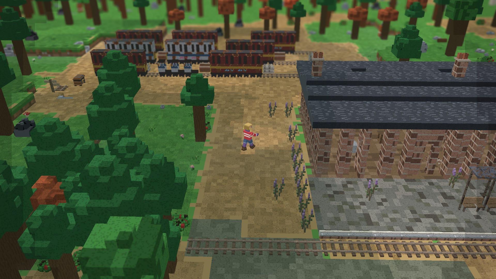 A wanderer walking past the station building and the rails in 3D, the forest behind