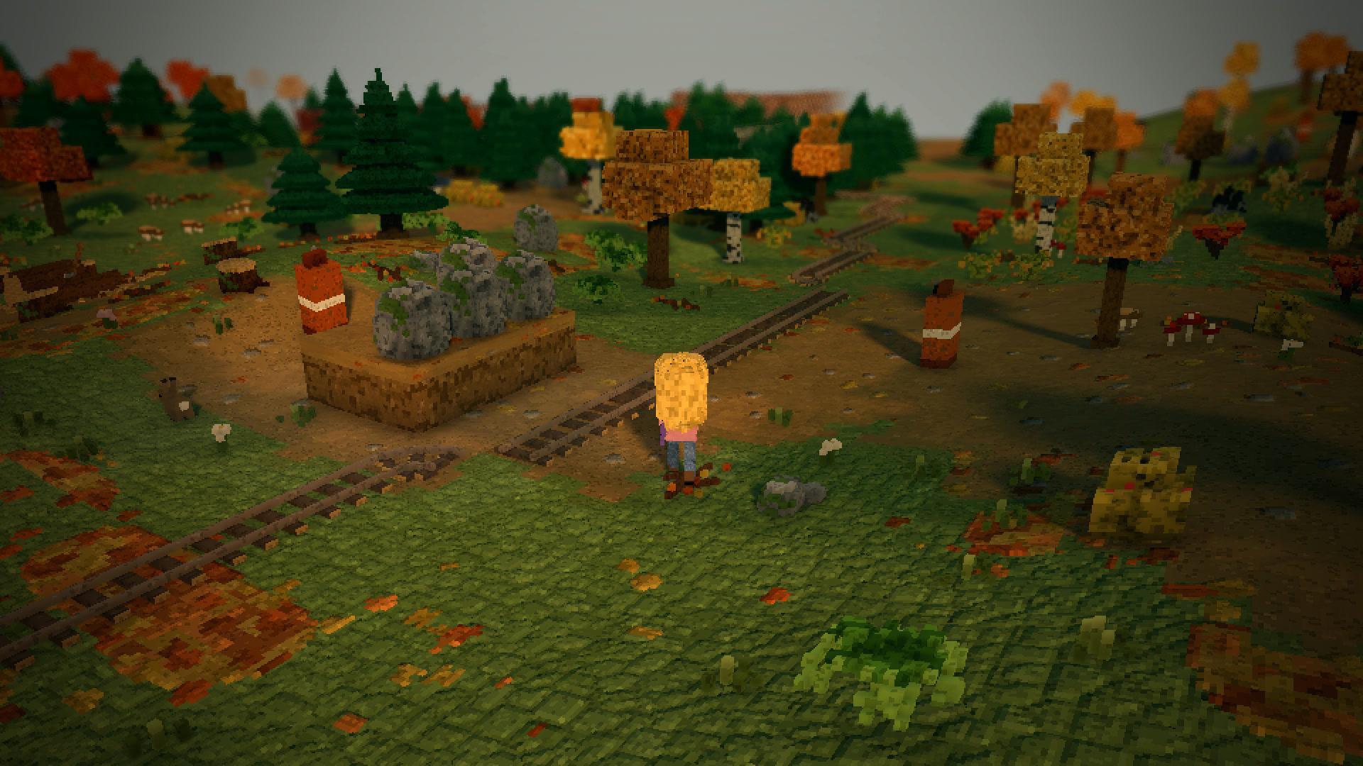 A wanderer following the rails out to the station in 3D, the moor rolling away either side
