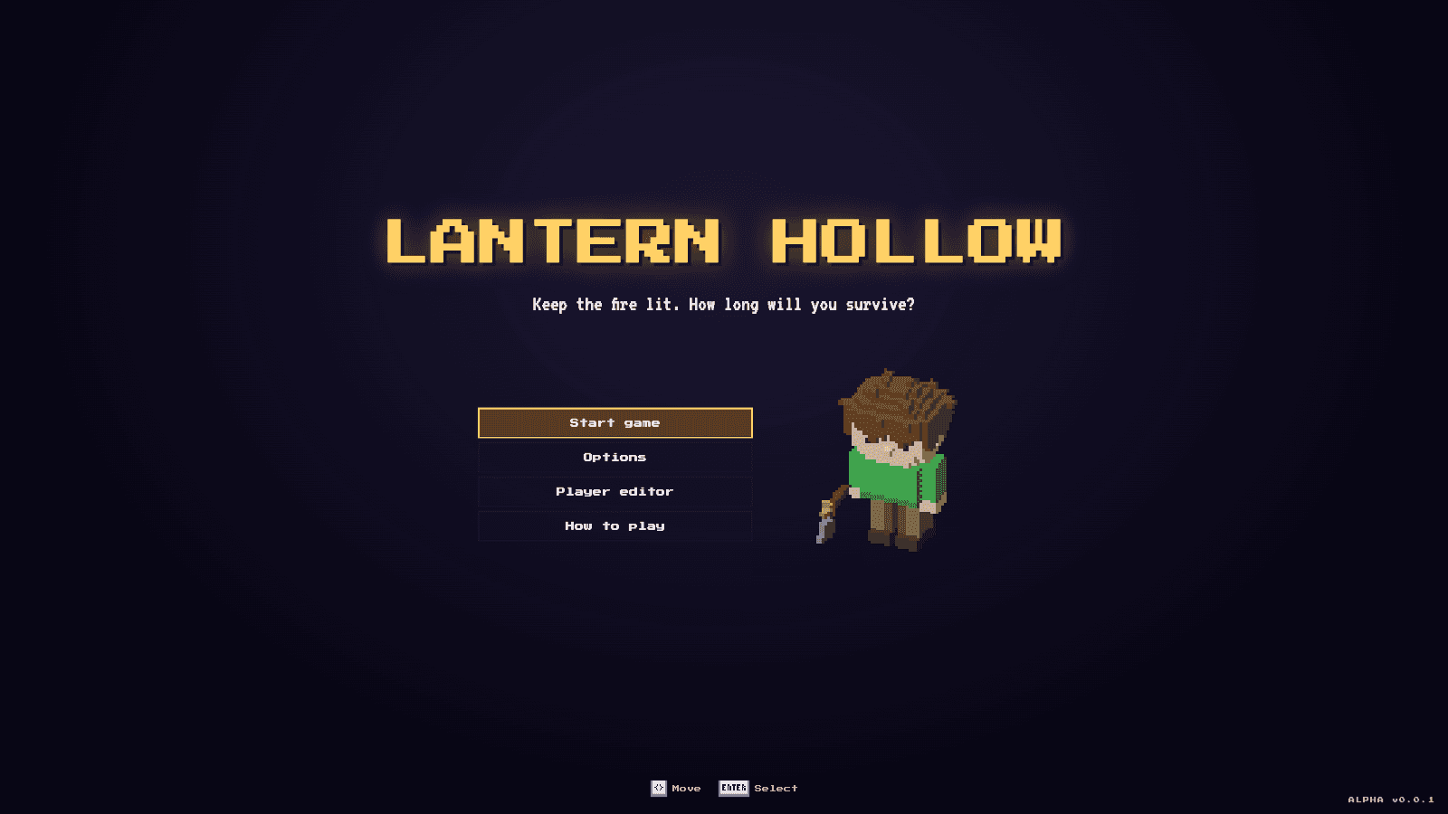 Lantern Hollow title screen with a voxel character holding an axe