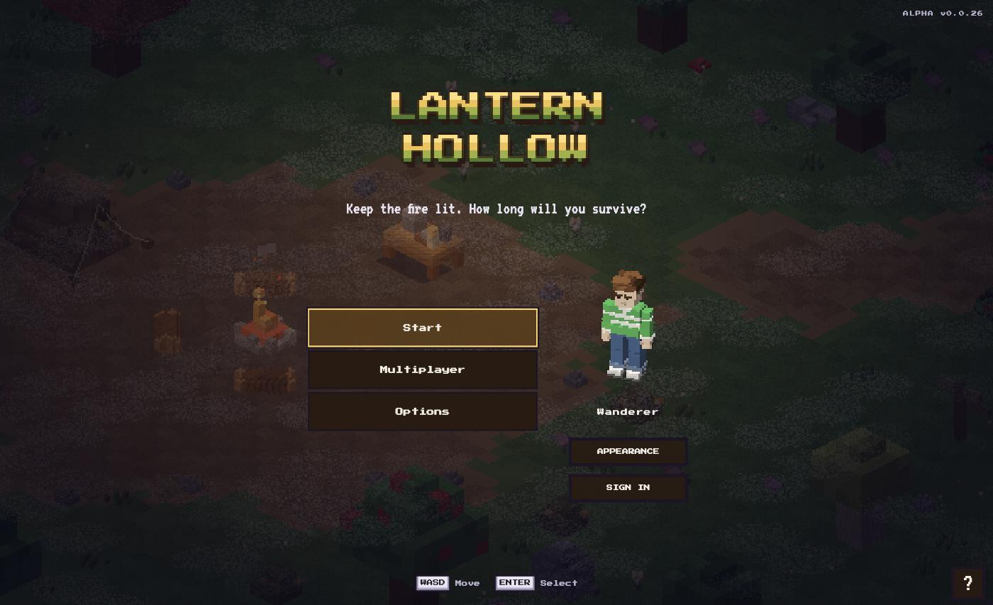 The Lantern Hollow title screen, the wanderer in a green rugby shirt stood beside the menu