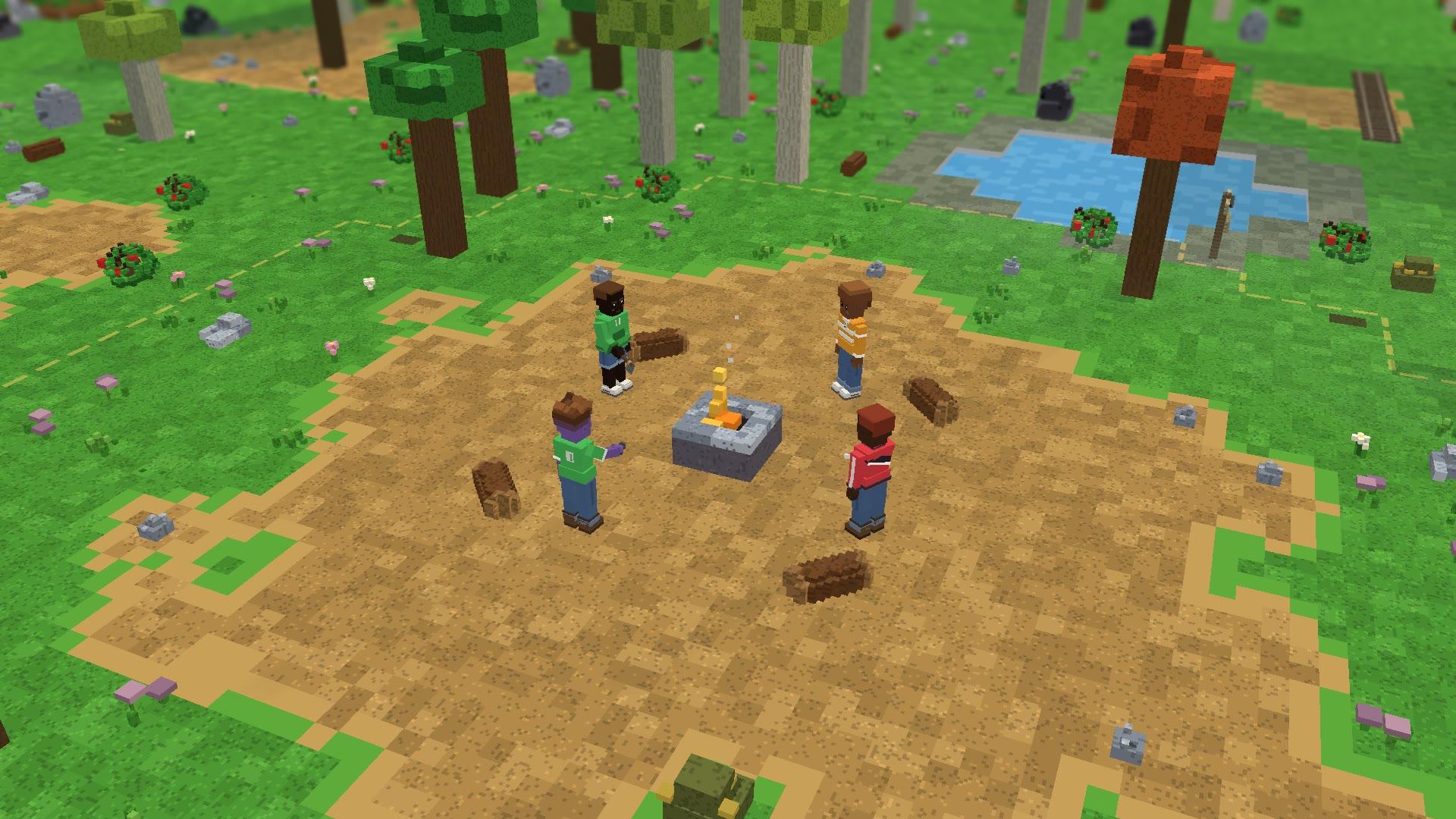 The same camp in full 3D, the lake and tall trees beyond