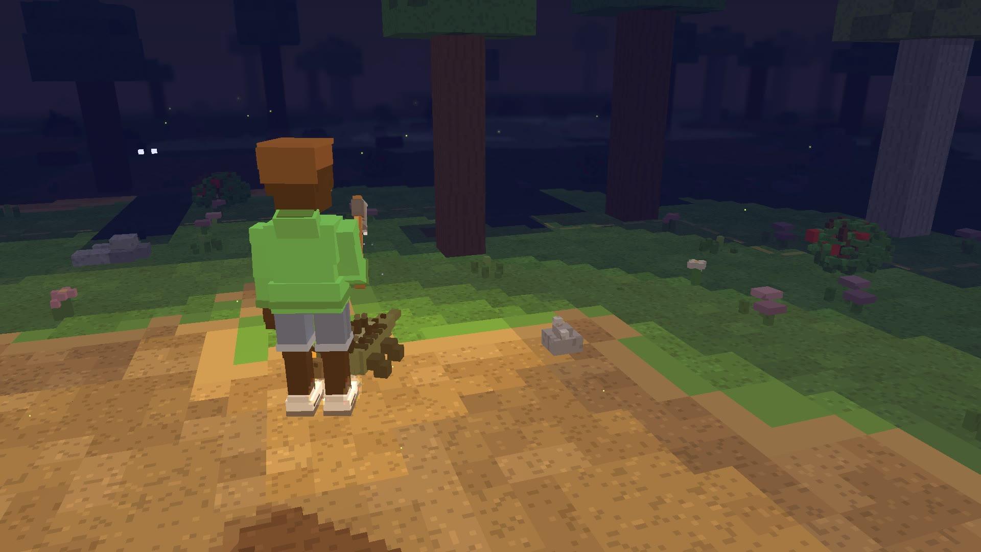 From behind a wanderer's shoulder at night in 3D: a gloomling at their feet and another pair of eyes in the dark trees