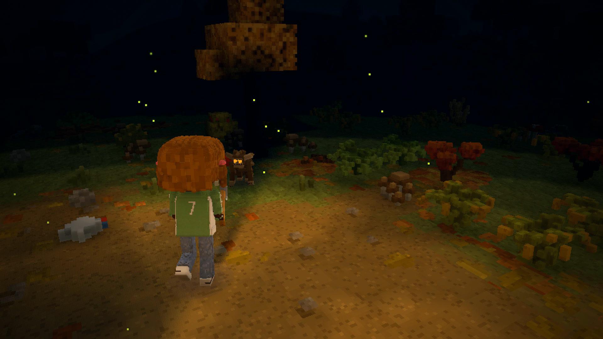 Behind a wanderer's shoulder at night in 3D, the fire at their back and boggarts at the edge of the light