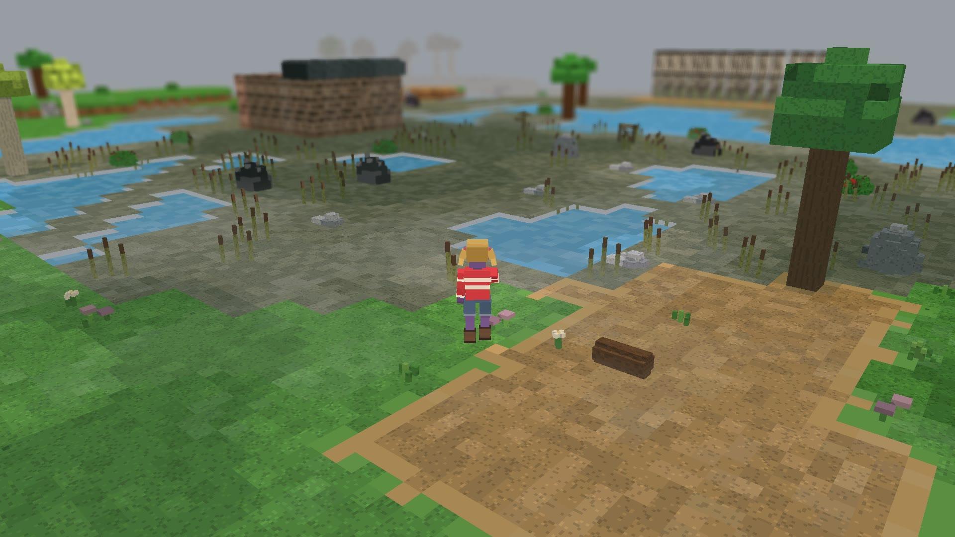 A wanderer at the edge of the marsh in 3D, pools and reeds stretching away